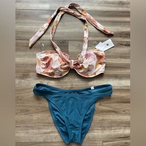 Women's Convertible Bikini Shade & Shore Cream Floral 32B NWT teal bottoms swim
